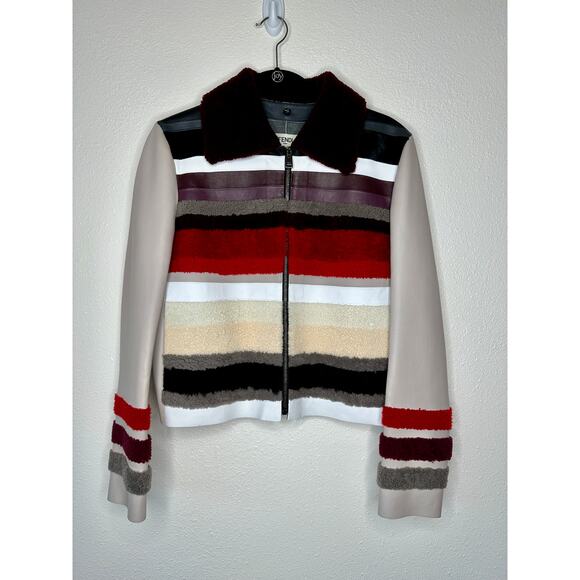 Fendi Taupe Multi-Color Stripe Leather Jacket Front Zip Removable Collar 44 / XL - Picture 3 of 16